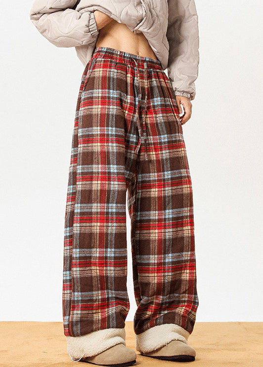 French Red Pockets Plaid Patchwork Warm Fleece Pants Winter