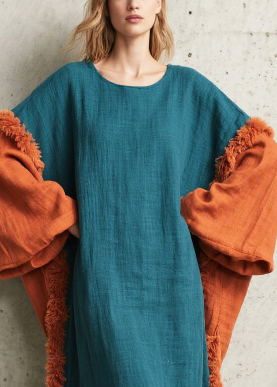 Peacock Blue Oversized Patchwork Faux Fur Dresses Fall