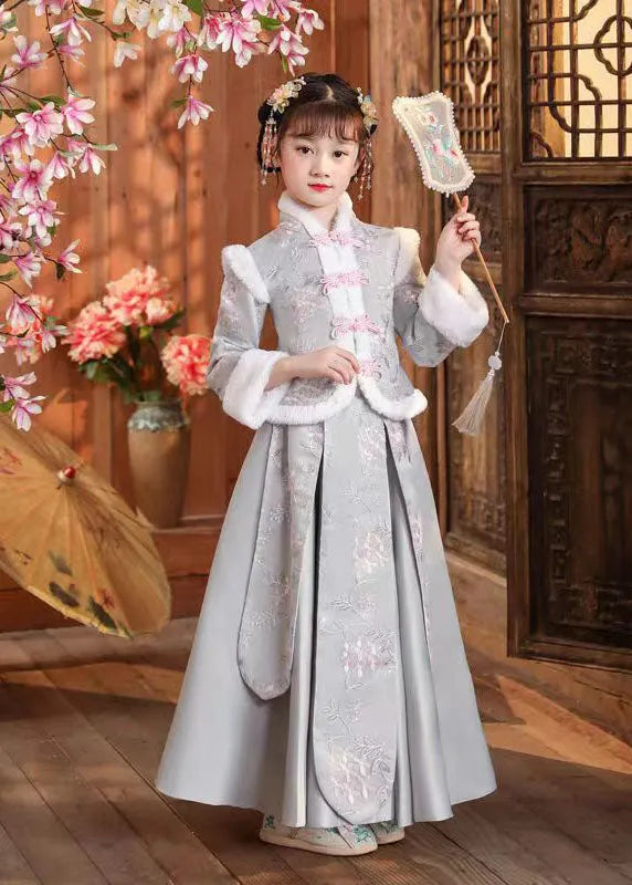 Boutique Pink Stand Collar Print Button Thick Coats and Skirts Two Pieces Set Winter