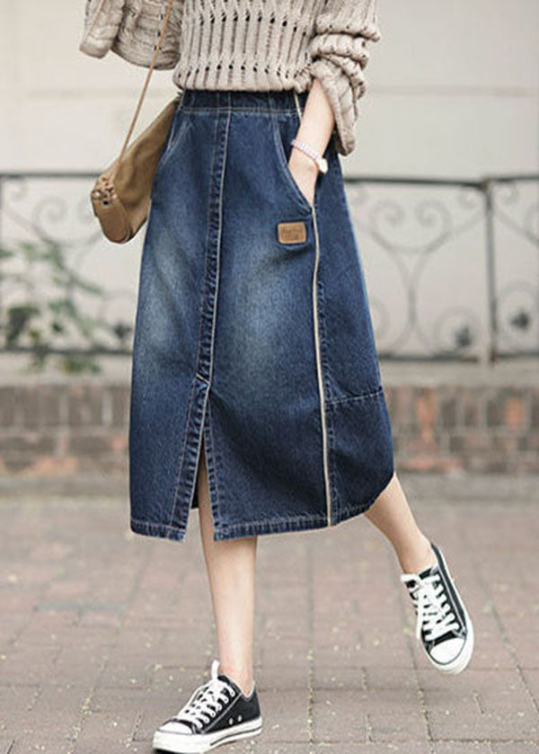 Denim Blue High Waist Pockets Patchwork Side Open Cotton Skirts Cozy