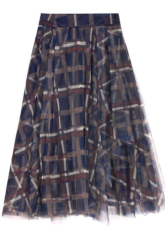 Blue Plaid Zippered a Line Skirt Summer