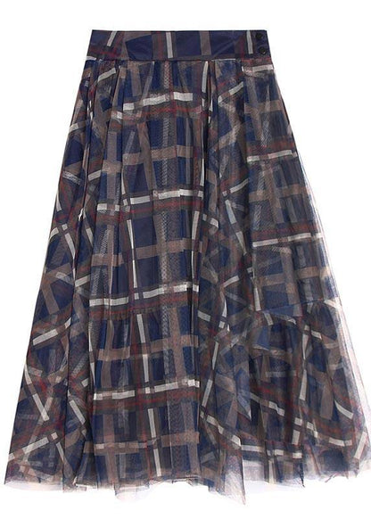 Blue Plaid Zippered a Line Skirt Summer