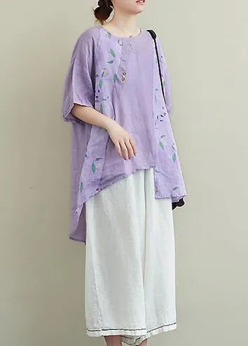 Literature and Art Ramie Purple Printed T-shirt Female Loose Cotton Blend Nine Points Wide Leg Pants Two-piece Suit