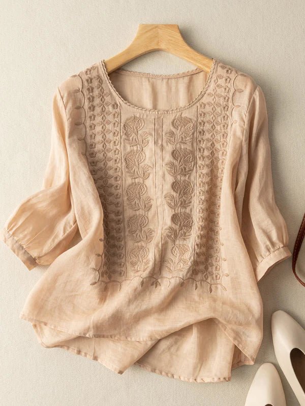 Embroidered Round Neck Half Sleeve Linen Tee Top