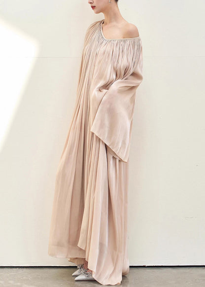 Pink V Neck Wrinkled Silk Maxi Dresses Fall