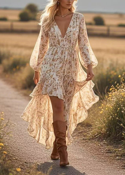 Apricot Asymmetrical Print Cotton Robe Dresses Spring