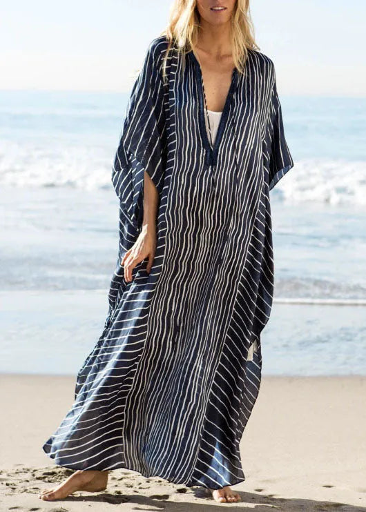Diy Blue Striped Side Open Beach Gown Vacation Summer Chiffon Dress