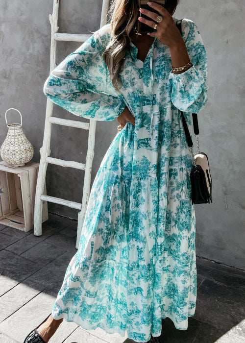 Green Print Exra Large Hem Cotton Holiday Dress Spring