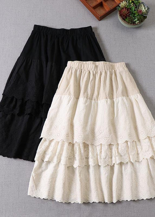 Beige Embroideried Wrinkled Patchwork Fall Tiered Skirts