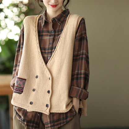 Knit Loose Double-breasted Patch Vest
