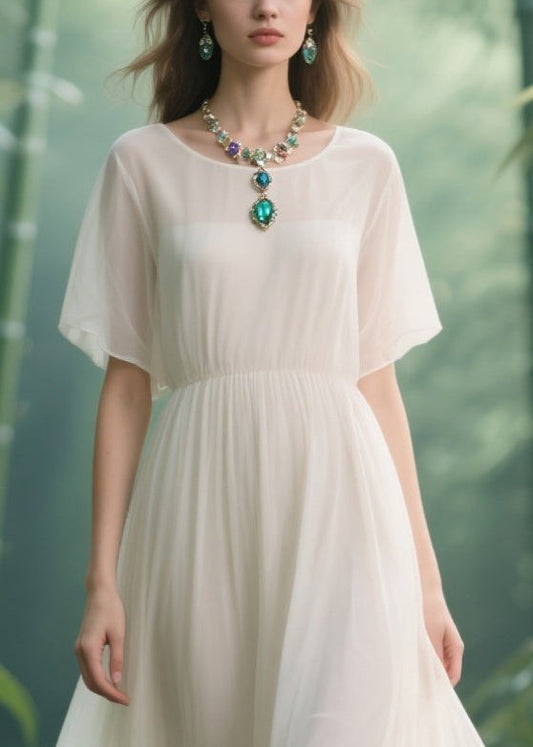 Italian White Lace Patchwork Draping Chiffon Vacation Dresses Summer