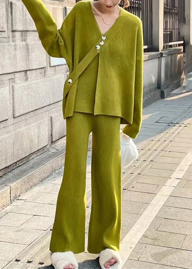 Green V Neck Tops and Crop Pants Cotton Knit Two Piece Set Fall