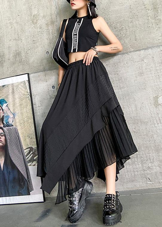 Irregular Skirt A-line Skirt Mid-length Black Stitching Pleated Skirt