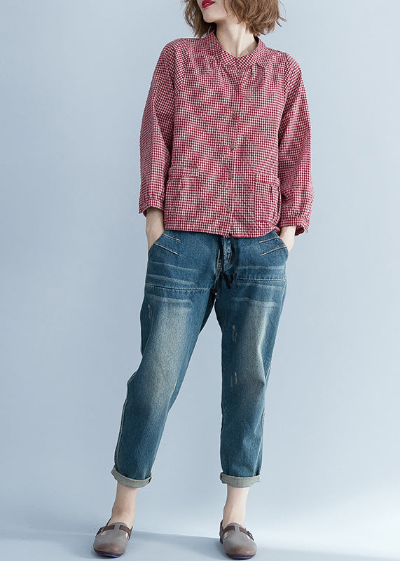 French Long Sleeve Linen Blouse Pakistani Tunic Tops Red Silhouette Shirt Plaid