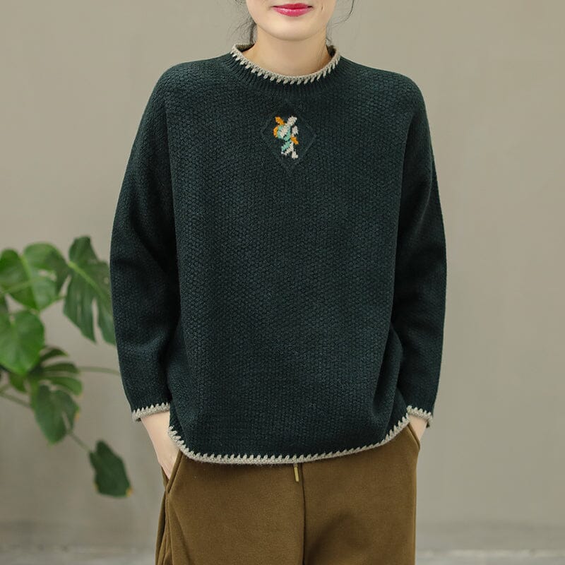 Winter Embroidery Knitted Patchwork Sweater