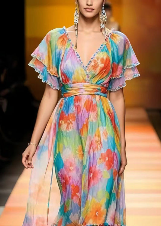 Multicolour Cinched Print Chiffon Vacation Dresses Summer