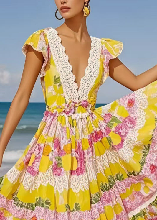 Yellow Print Exra Large Hem Cotton Sundress Sleeveless