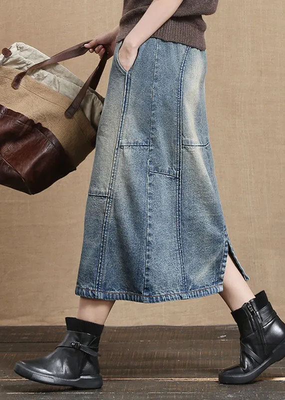 Unique Light Blue Elastic Waist Pockets Cotton Denim Skirt Cozy
