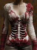 Classy Skeleton Bloody Roses V Neck Cozy Sweater artswardrobe