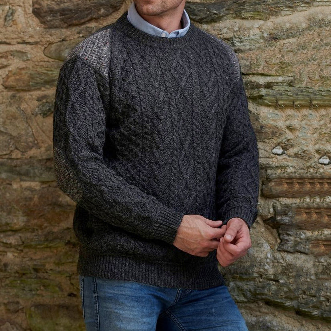 Men'S Retro Patchwork Jacquard Knitting Crew Neck Aran Sweater elevenforest