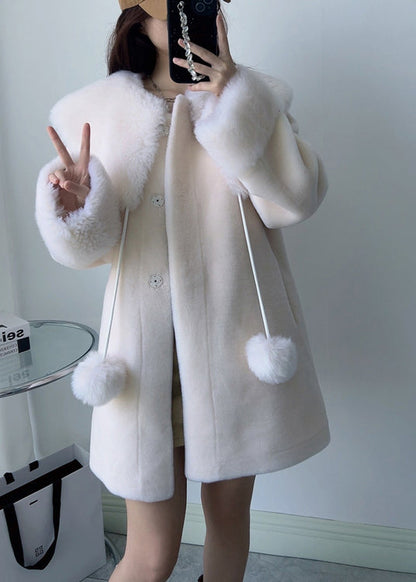 New White Square Collar Fuzzy Ball Decorated Woolen Coats Winter