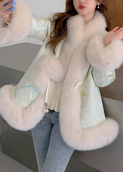 Beige Fox Collar Embroidered Leather and Fur Coats Winter