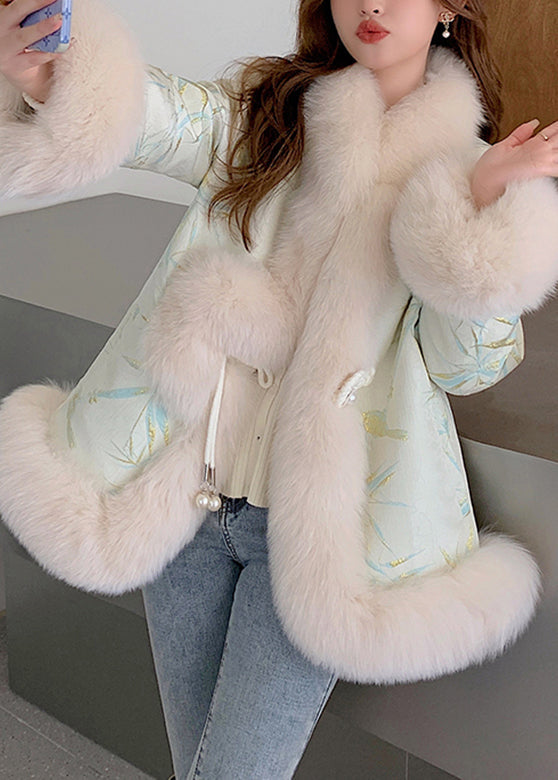 Beige Fox Collar Embroidered Leather and Fur Coats Winter