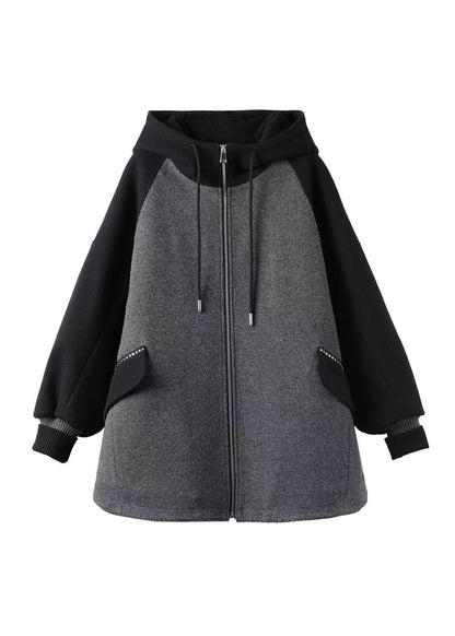 Grey Zip Up Pockets Patchwork Fine Cotton Filled Hooded Coat Fall