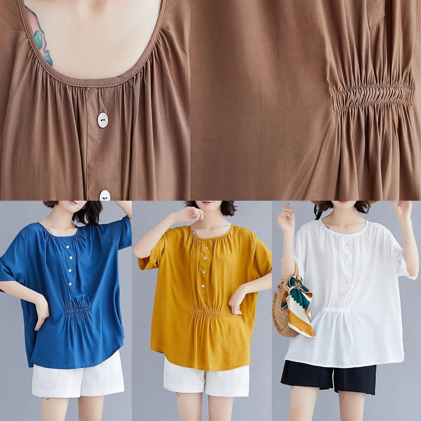 Natural White Cotton Blouse O Neck Half Sleeve Loose Summer Top