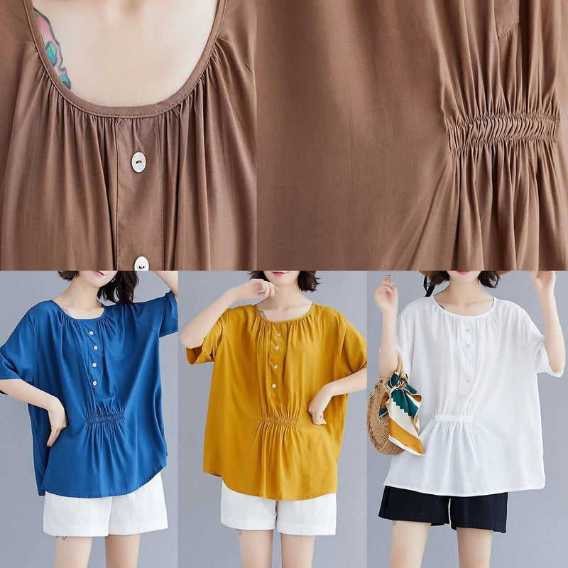 Natural White Cotton Blouse O Neck Half Sleeve Loose Summer Top