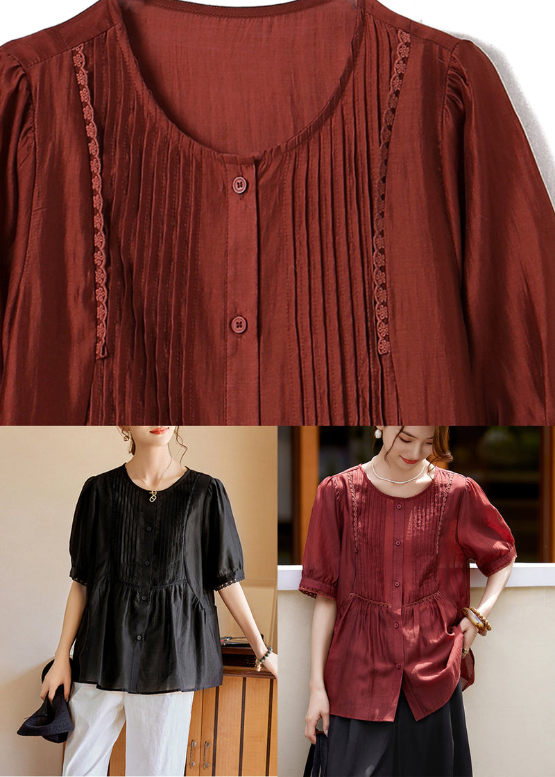 Rust Lace Patchwork Button Silk Shirt Summer