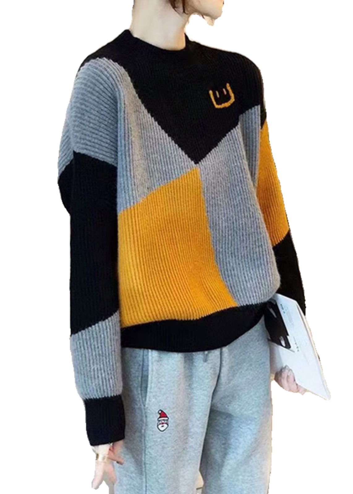 Colorblock O Neck Thick Patchwork Knit Sweaters Fall