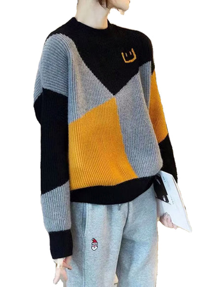 Colorblock O Neck Thick Patchwork Knit Sweaters Fall