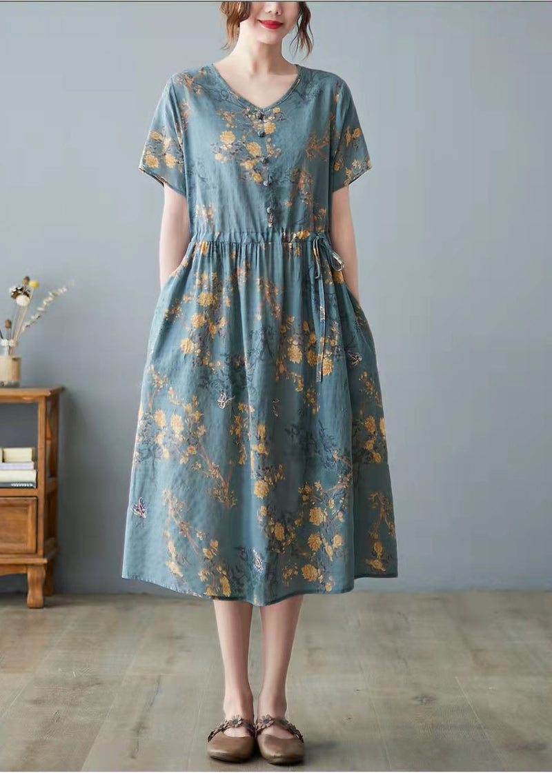 Orange Pockets Print O Neck Dress