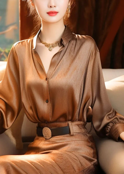 Classy Brown Stand Collar Button Silk Blouse Top Lantern Sleeve