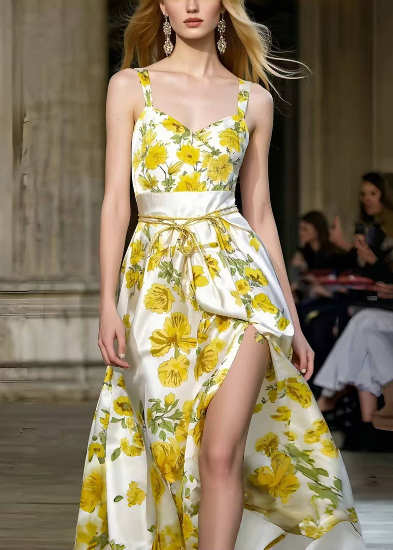 Silm Fit Yellow Print Side Open Silk Sundress Summer