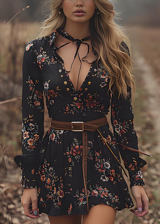 Black V Neck Print Cotton Mid Dresses Spring