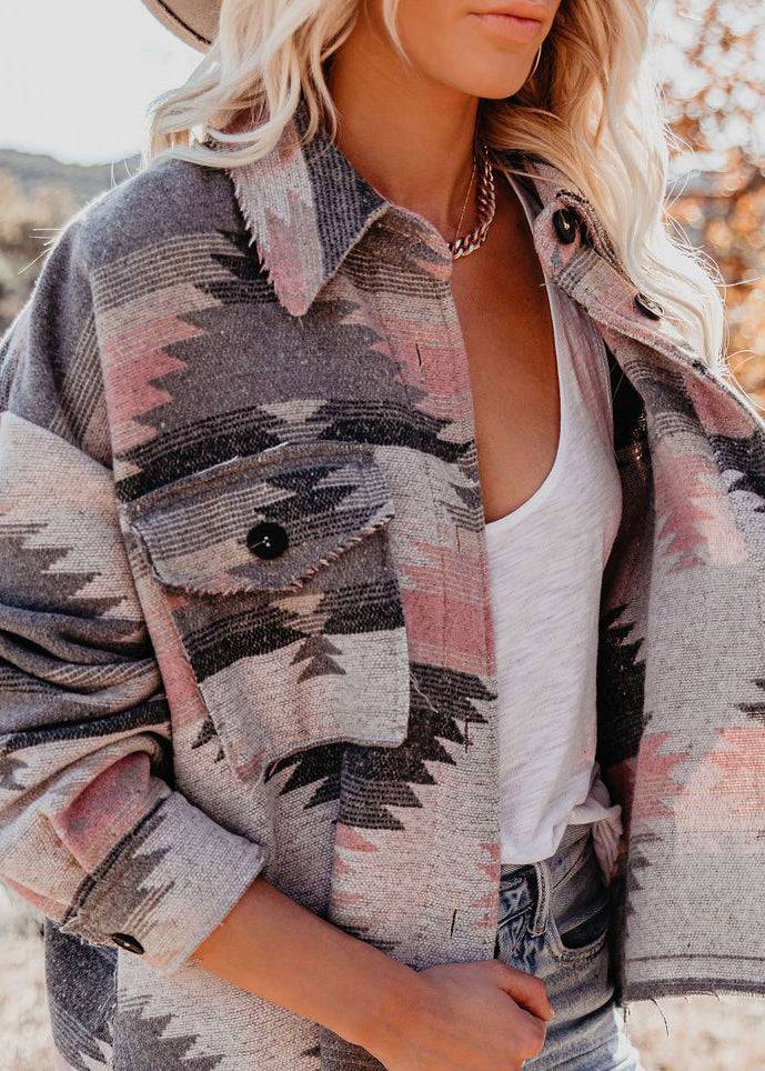 Pink Peter Pan Collar Print Button Coats Fall