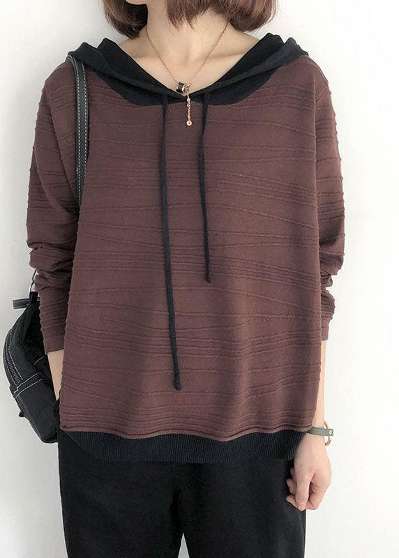 Khaki Hooded Drawstring Patchwork Fall Knit Sweatshirts Top