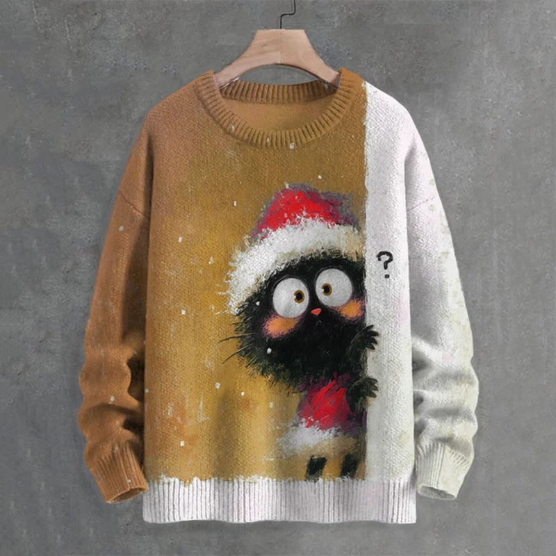 Men's Black Cat In Christmas Costume Hiding Art Print Casual Knit Crew Neck Sweater elevenforest