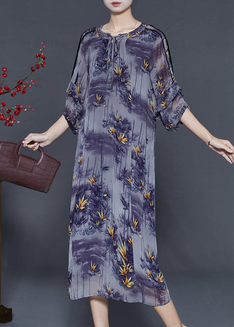 French Purple O-neck Print Chiffon Dresses Bracelet Sleeve