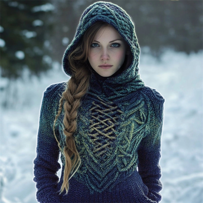 Vintage Celtic Forest Elf Gradient Cozy Hooded Sweater elevenforest