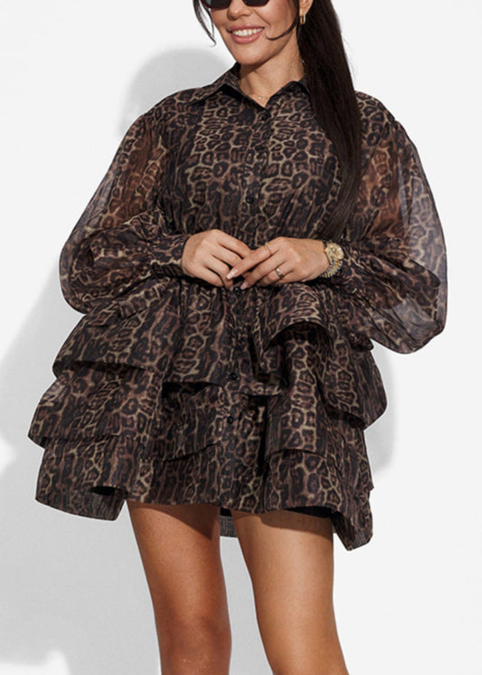 Leopard Peter Pan Collar Tie Waist Chiffon Shirt Dresses Spring