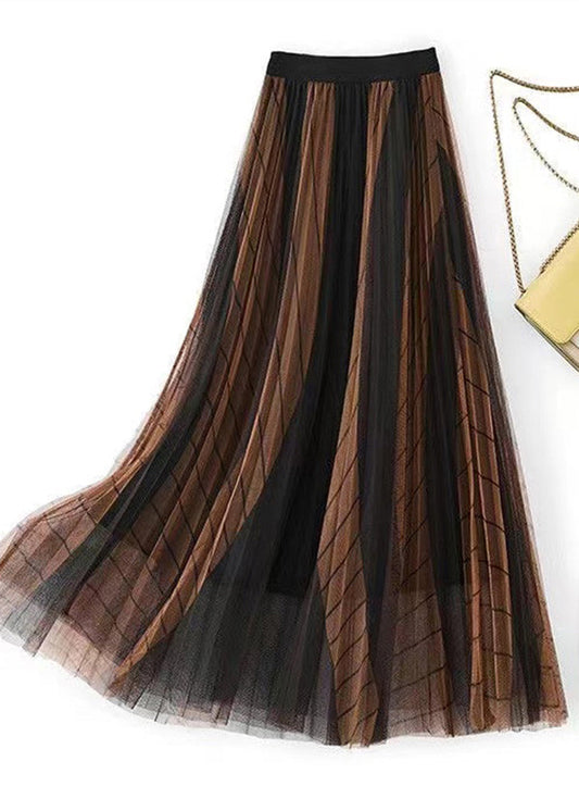 Coffee Gradient Elastic Waist Pleated Skirt Spring