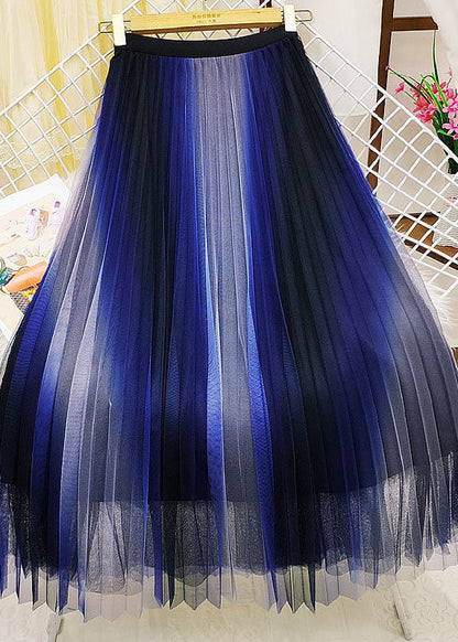 Unique Blue Elastic Waist Gradient Color Wrinkled Tulle a Line Skirts Spring