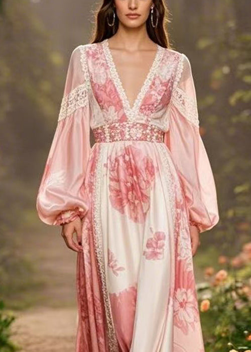 Pink V Neck Print Silk Long Dresses Lantern Sleeve