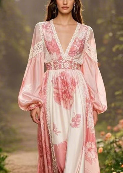 Pink V Neck Print Silk Long Dresses Lantern Sleeve