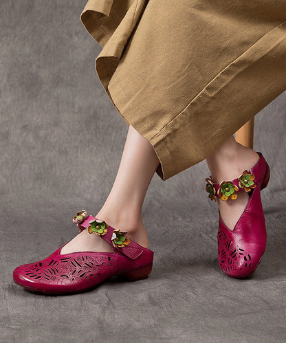 Purple Hollow Out Cowhide Leather Slide Sandals