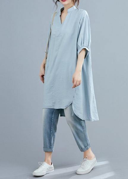 Organic V Neck Lantern Sleeve Summer Blouses for Sleeve Light Blue Shirt