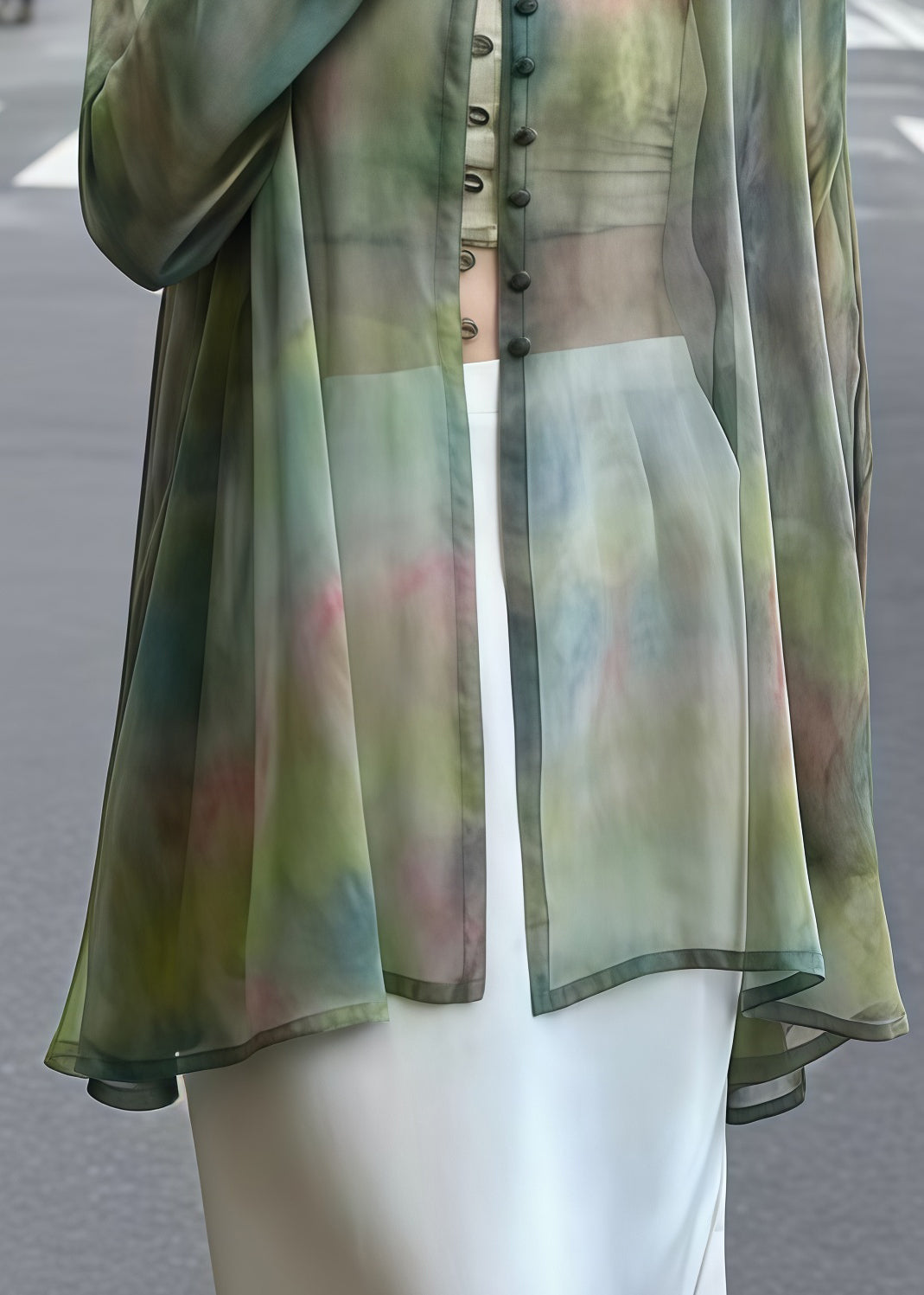 Green Tie Dye Chinese Button Chiffon Sheer Cardigan Summer